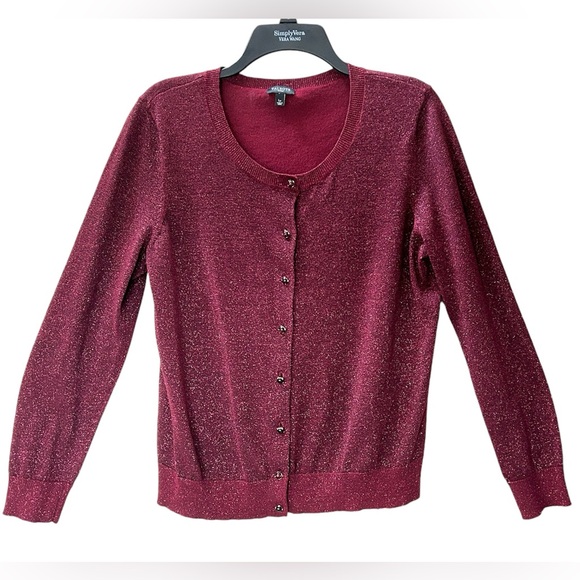 Talbots Cranberry Maroon Red Shimmer Metallic Cardigan Sweater Size Petite Large - Picture 2 of 12